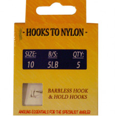 A PACK OF 5 BARBLESS HOOKS TO NYLON WITH PASTE COIL 5LB BREAKING STRAIN (SIZE 10)