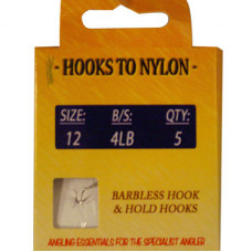 A PACK OF 5 BARBLESS HOOKS TO NYLON WITH PASTE COIL 4LB BREAKING STRAIN (SIZE 12)